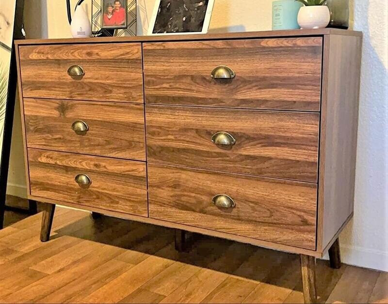 Stunning Mid-Century 6-Drawer Dresser with Metal Handles, Solid Wooden Multifunctional Dresser, Chic