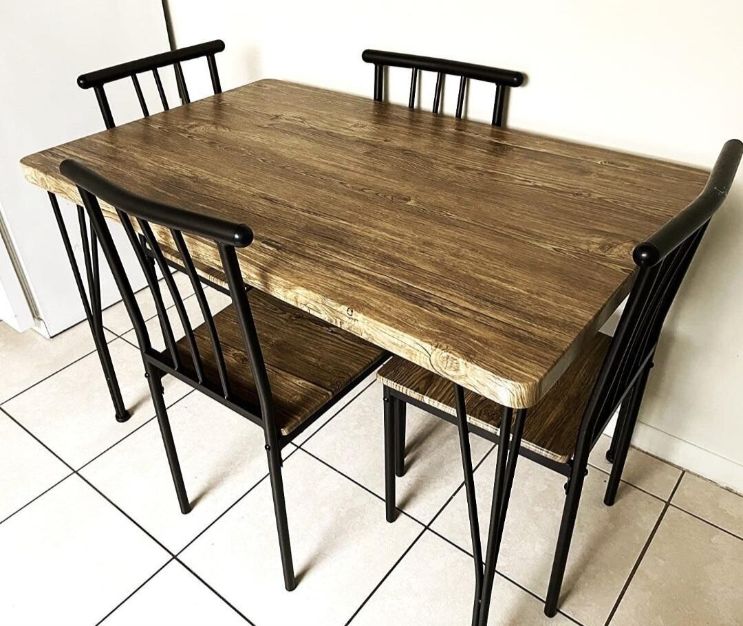 Complete 5-Piece Modern Dining Set Metal and Wood Dining Table &amp; 4 Sturdy Chairs