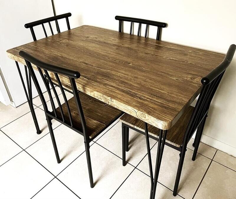 Complete 5-Piece Modern Dining Set Metal and Wood Dining Table &amp; 4 Sturdy Chairs