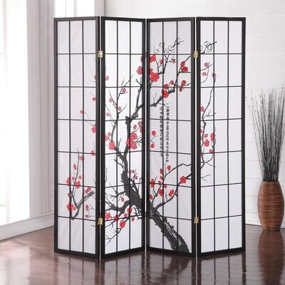 Roundhill Furniture Black Japanese 4-Panel Screen Room Divider, Plum Blossom