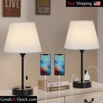 Set of 2 Modern Table Lamps Bedroom Nightstand Desk Lamp w/2 USB Charging Ports