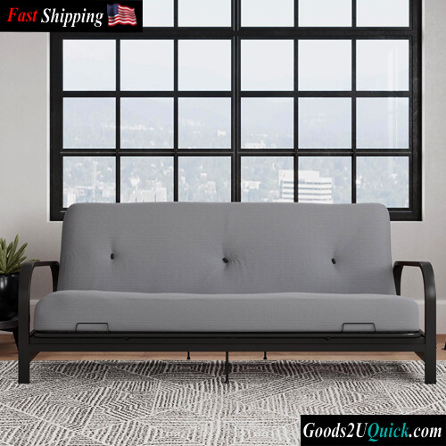 Attaining the perfect level Cleo Black Metal Arm Full Size Futon Frame with 6” Herringbone Mattres