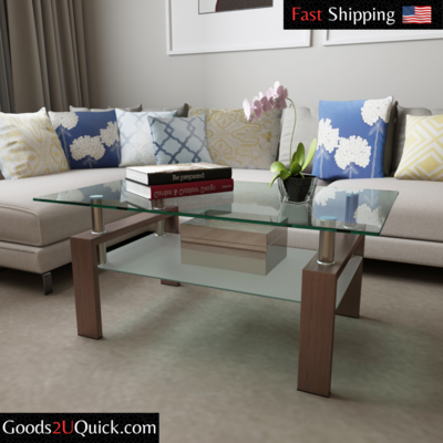 37&quot; Tempered Glass Coffee Table 2-Layer Rectangle Tables Shelf for Living Room