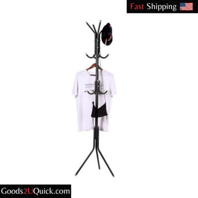 12 Hooks Coat Rack Hat Stand Tree Clothes Hanger Umbrella Holder Metal Organizer