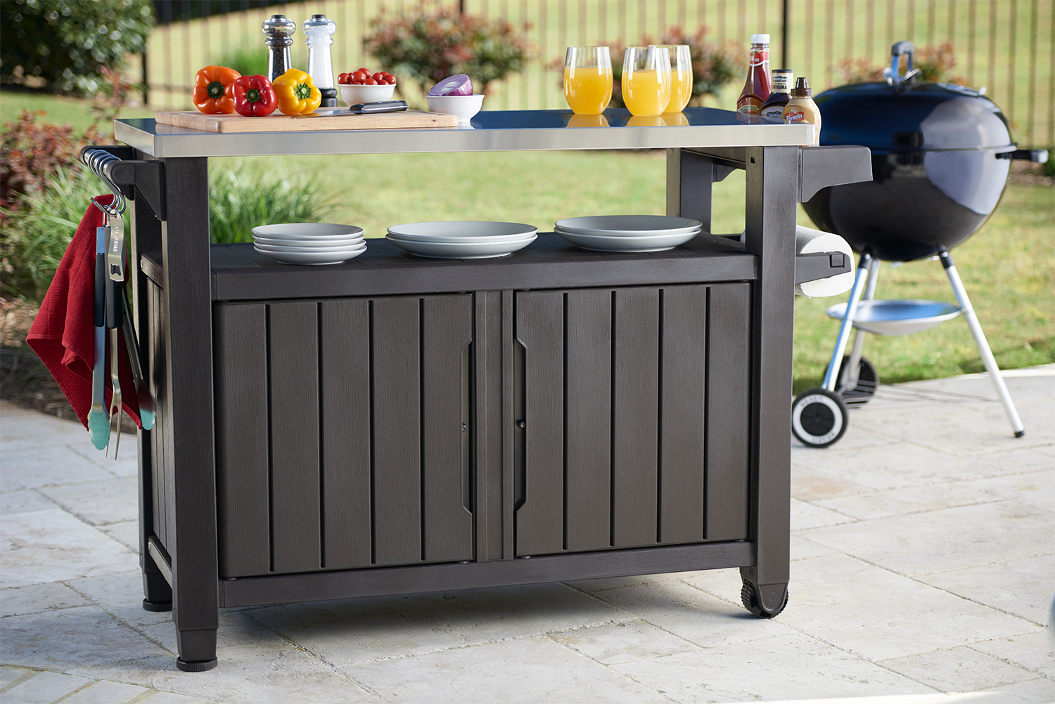 Keter Unity XL Portable Outdoor Table and Storage Cabinet with Accessory Hooks