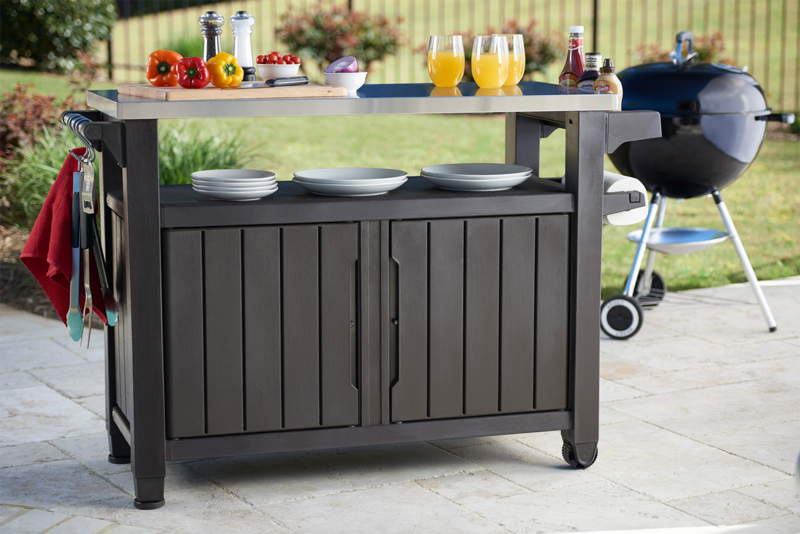 Keter Unity XL Portable Outdoor Table and Storage Cabinet with Accessory Hooks