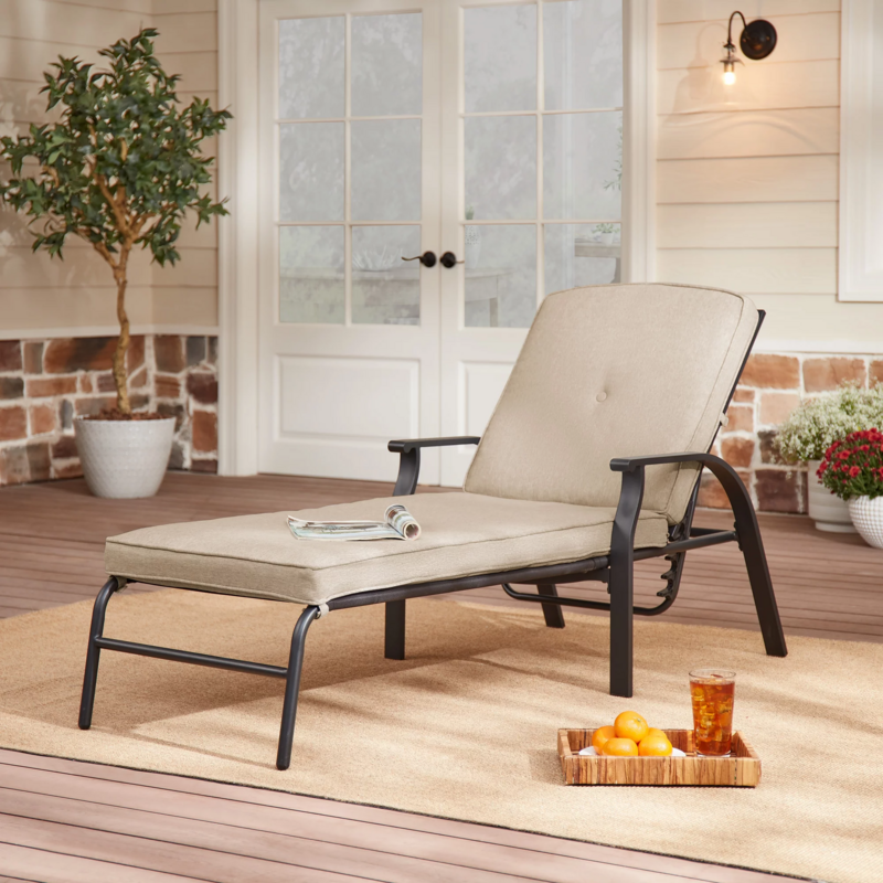 Mainstays Belden Park Cushion Steel Outdoor Chaise Lounge - Tan/Black