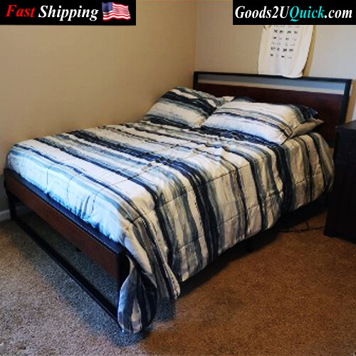 Industrial Metal and Wood Platform Queen Bed, Twin, Full, Queen - Rustic Brown