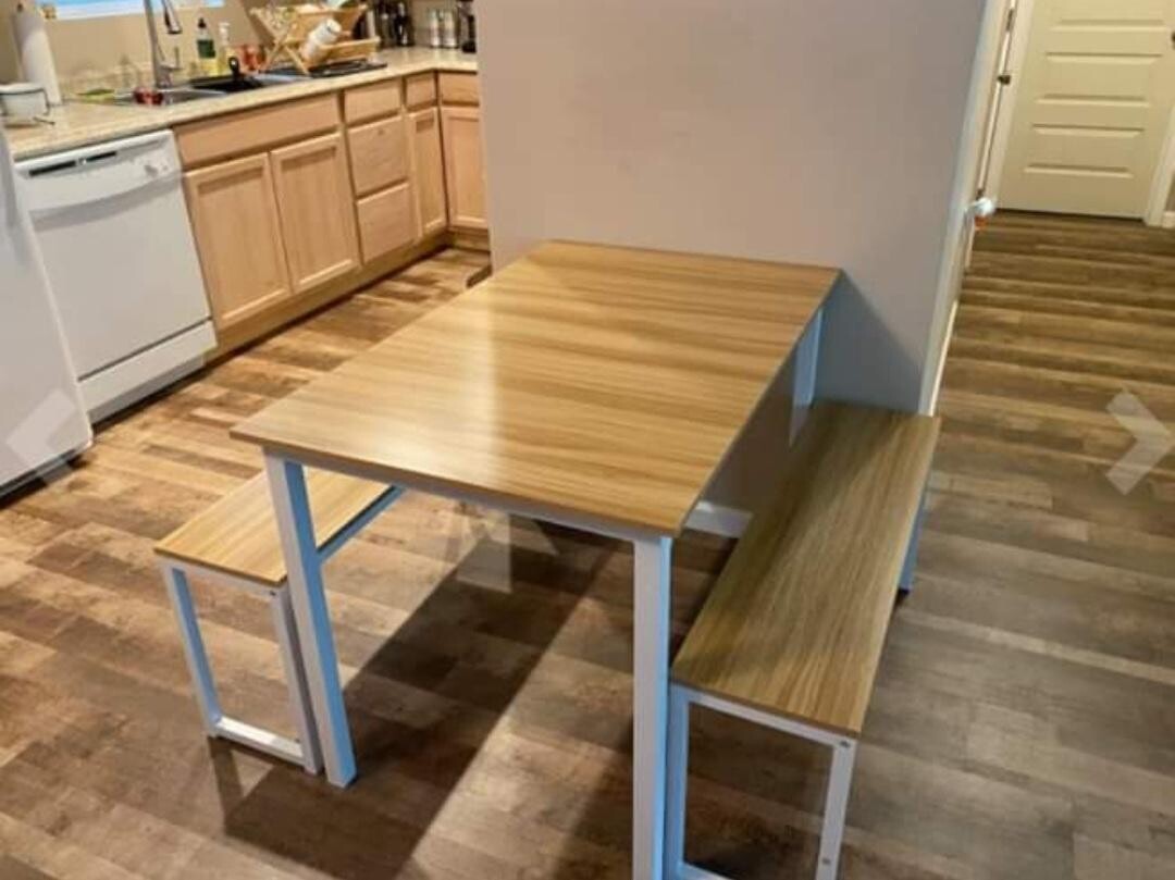 3 Piece Modern Dining Room Kitchen Table Set with 2 Benches White