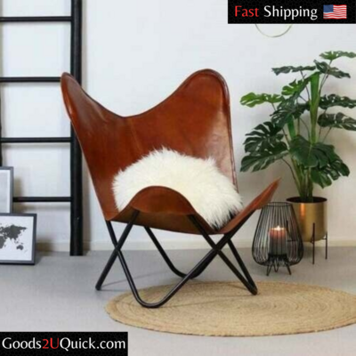 Real leather upholstery Butterfly Chair Sleeping Seat Relax Folding Brown Black Frame