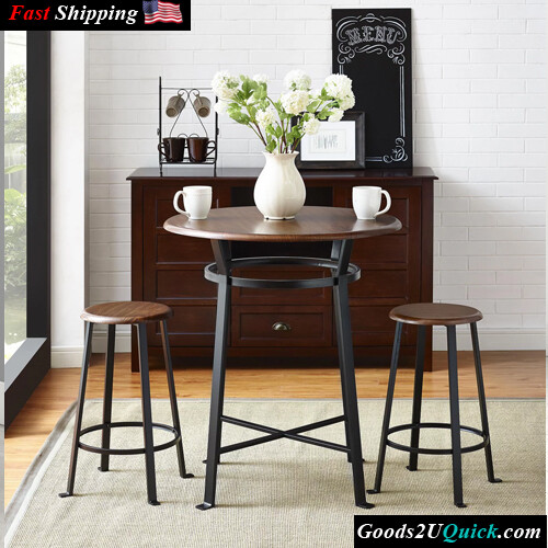 3pc Round Metal Pub Set With Wood Top Dark Mahogany Chairs Table Dining Kitchen