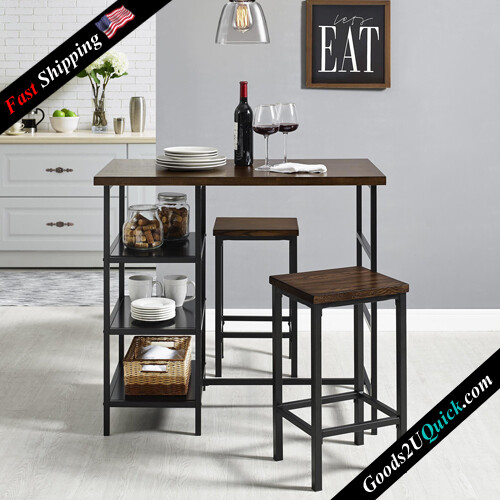 New Modern 3-Piece Metal Pub Set With Wooden Top - Dark Mahogany