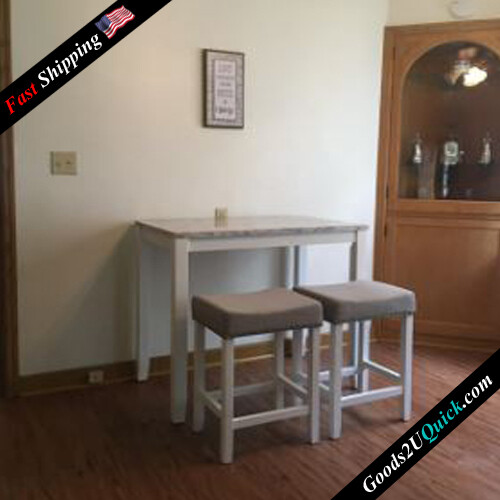 3 Pcs Dining Set Kitchen Pub Table Marble Top White Wood Base Light Gray Fabric Seat