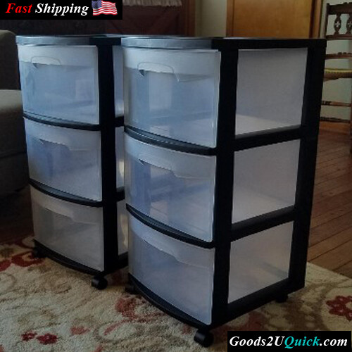 Set of 2 Plastic 3 Drawer Cart Wide Tower Black Dorm Portable Storage Rolling