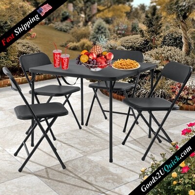 5 Piece Resin Card Table and Four Chairs Set With Sturdy steel and polypropylene construction - Black
