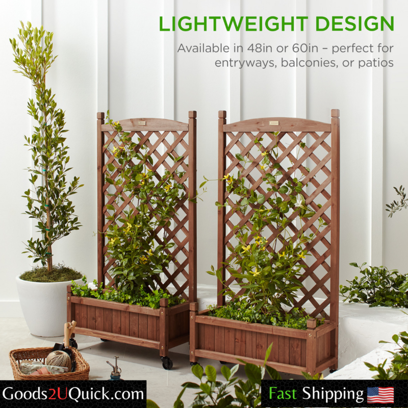 Set of 2 48″ Wood Planter Box and Diamond Lattice Trellis with Drainage Walnut