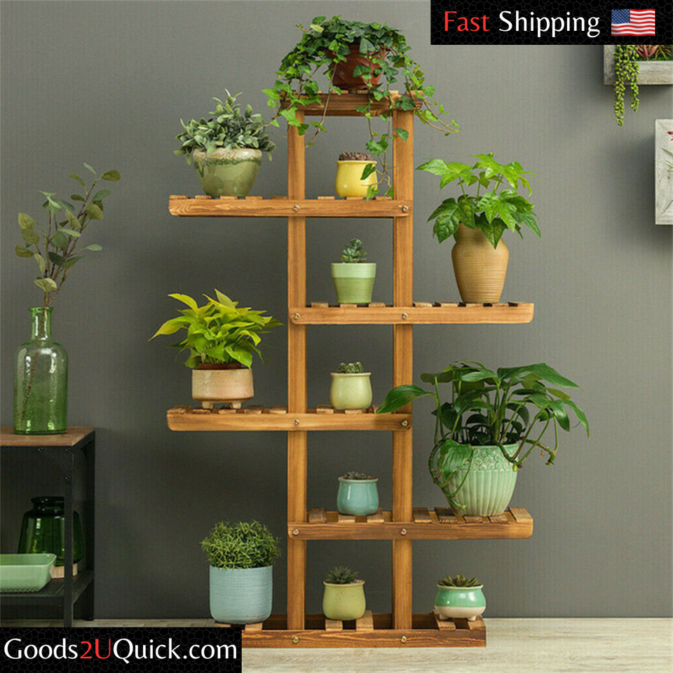 Wall Corner Wooden Plant Stand Indoor Outdoor Garden Flower Pot Shelf Space Save