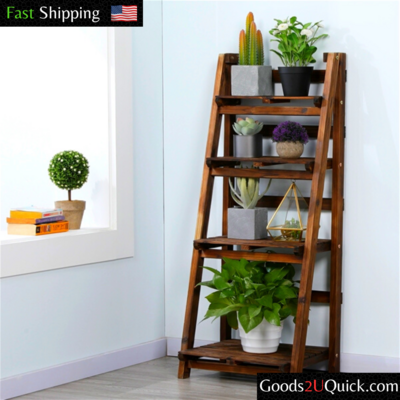 Ladder Shelf 4-Tier Foldable Wood Bookshelf Floor Rack Plant Stand Display Shelf