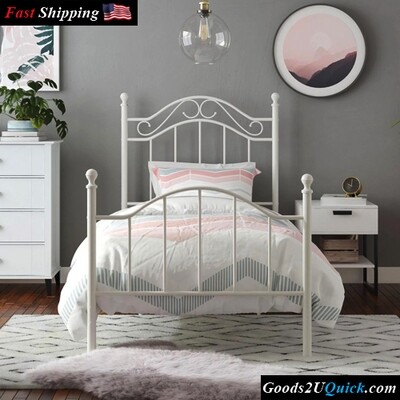 White Metal Twin Size Bed Frame Girls Bedroom Furniture with Scrolled Metalwork
