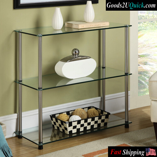 Designs2Go Classic Glass 3 Shelf Bookcase, Tempered Glass Stainless Steel Poles Will Not Rust