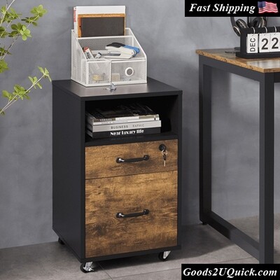 Rolling File Cabinet with 2 Drawers and Shelf, Black/Rustic Brown
