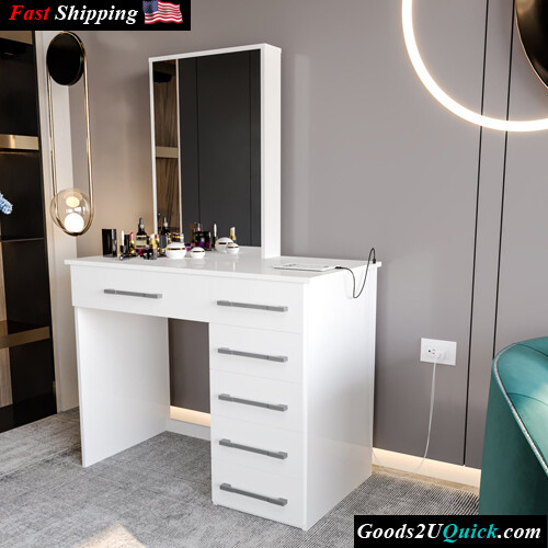 Genette Modern White Painted Vanity Table w/USB Port for Bedroom