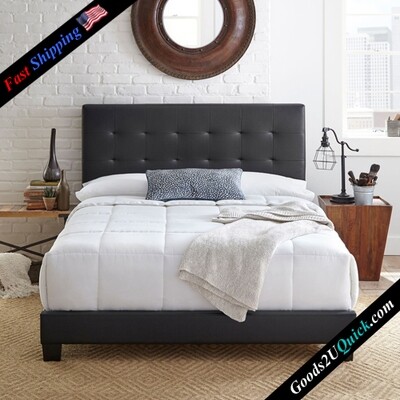 Boyd Sleep Roma Upholstered Tufted Faux Leather Platform Bed Frame with Bonus Base Wooden Slat System, Full, Black