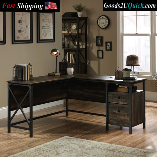 423976 Steel River L-Desk, Spacious Work Surface For Laptop Notepads, Lamp, Etc Carbon Oak Finish