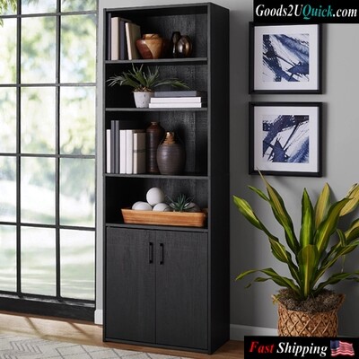 Traditional 5 Shelf Bookcase With Doors, Two Adjustable Shelves And One Fixed Shelf - Black