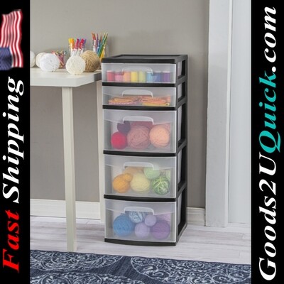 New Modern Plastic 5-Drawer Tower - Black with Clear Drawers