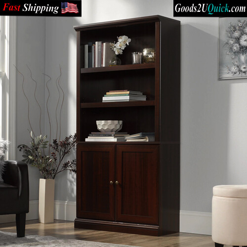 5-Shelf Bookcase with 2 Doors, Three Adjustable Shelves For Flexible Storage Select Cherry Finish