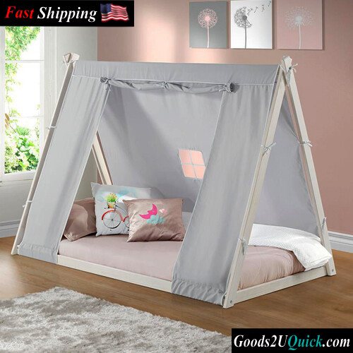Tent Floor Bed - Twin, FSC Certified Wood, Washable Tent Appeals to Both Boys And Girls - White/Grey