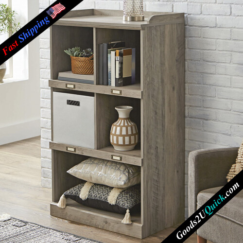 Modern Farmhouse 5-Cube Organizer Bookcase with Name Plates - Rustic Gray