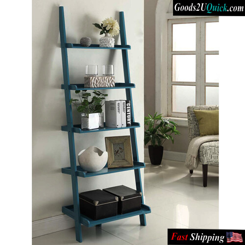Modern Design Blue And Gray Ladder Shelving Unit 5 Tier Display Stand Book Shelf Wall Rack Storage