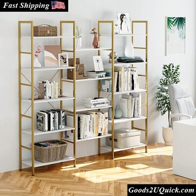5-Tier Gold and White Triple Wide Open Display Shelf Large Storage Bookcase with Metal Frame