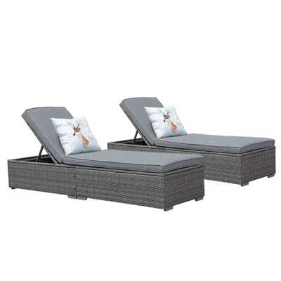 JOIVI 2 Pieces Outdoor Chaise Lounge Chair, Patio Reclining Sun Lounger, Gray Wicker Rattan Adjustable Lounge Chair, Steel Frame with Removable Gray Cushions, for Poolside, Deck and Backyard