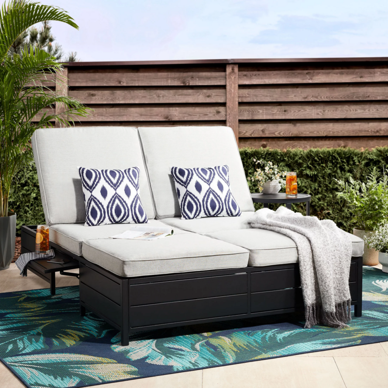 Asher Springs Outdoor Double Chaise Lounge Bench- Black &amp; Gray