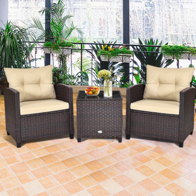 Gymax 3PCS Outdoor Patio Rattan Conversation Set w/ Cushion Coffee Table