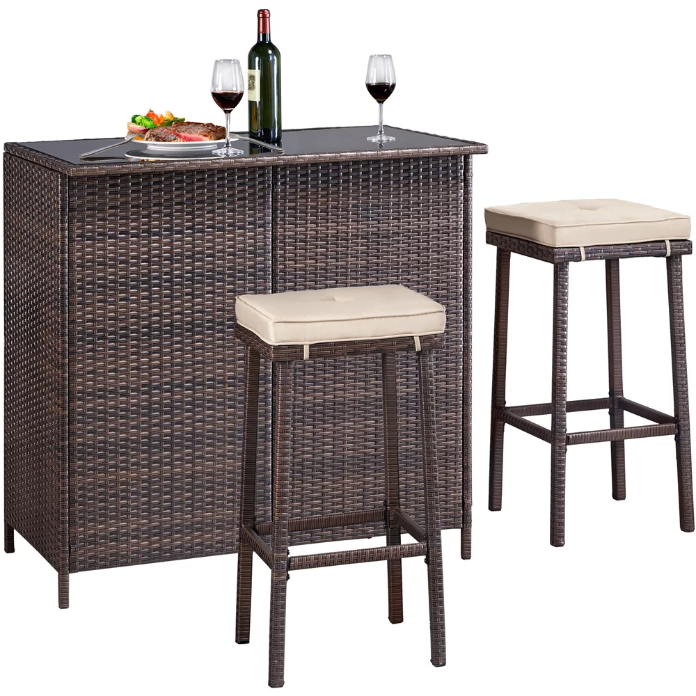 Topeakmart 3-Outdoor Rattan Patio Bar Set Conversation Set Patio Furniture with Glass Top &amp; 2 Stools