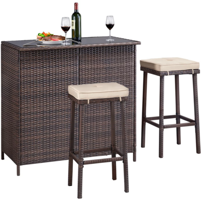 Topeakmart 3-Outdoor Rattan Patio Bar Set Conversation Set Patio Furniture with Glass Top & 2 Stools