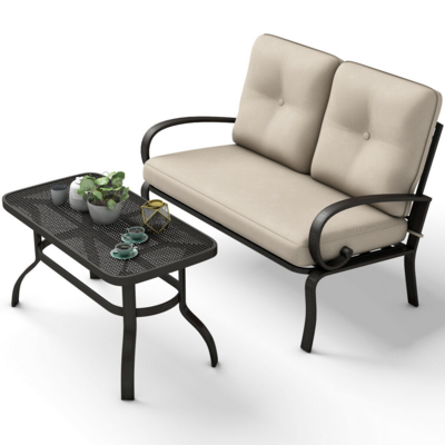 2 Pcs Patio LoveSeat Coffee Table Set Furniture Bench With Cushion