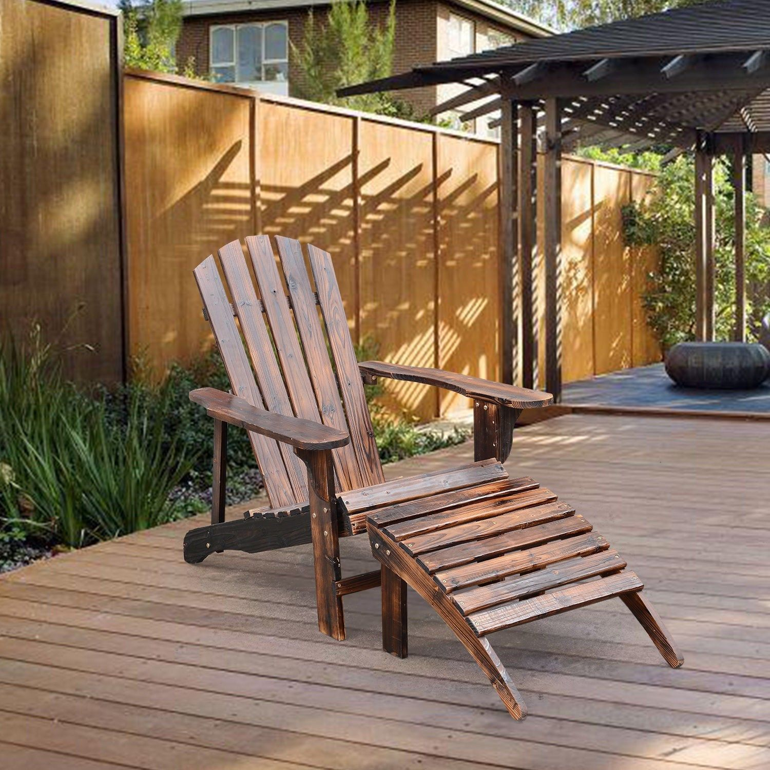 Wooden Adirondack Outdoor Patio Lounge Chair w/ Ottoman - Rustic Brown