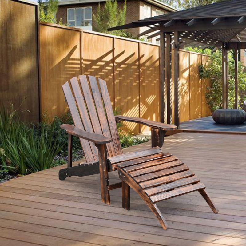 Wooden Adirondack Outdoor Patio Lounge Chair w/ Ottoman - Rustic Brown