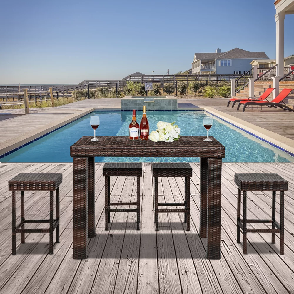 5 Pieces Outdoor High Top Table and Chairs, Patio Furniture High Top Table Set with Stools, Outdoor Bar Table Set Patio Bistro Set for Backyard Poolside Balcony