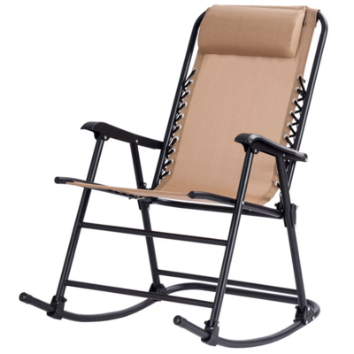 Folding Zero Gravity Rocking Chair Rocker Porch Outdoor Patio Headrest Beige