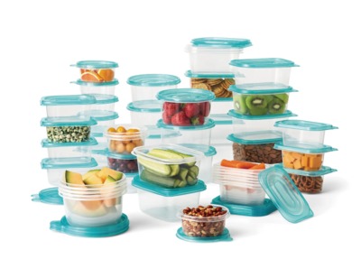 Mainstays 92 Piece Plastic Food Storage Container Set, Clear Containers, Transparent Blue Lids, Assorted Sizes - 46PK