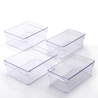 Clear Plastic Fridge Organization Bin 4-Pack Set, Various Sizes