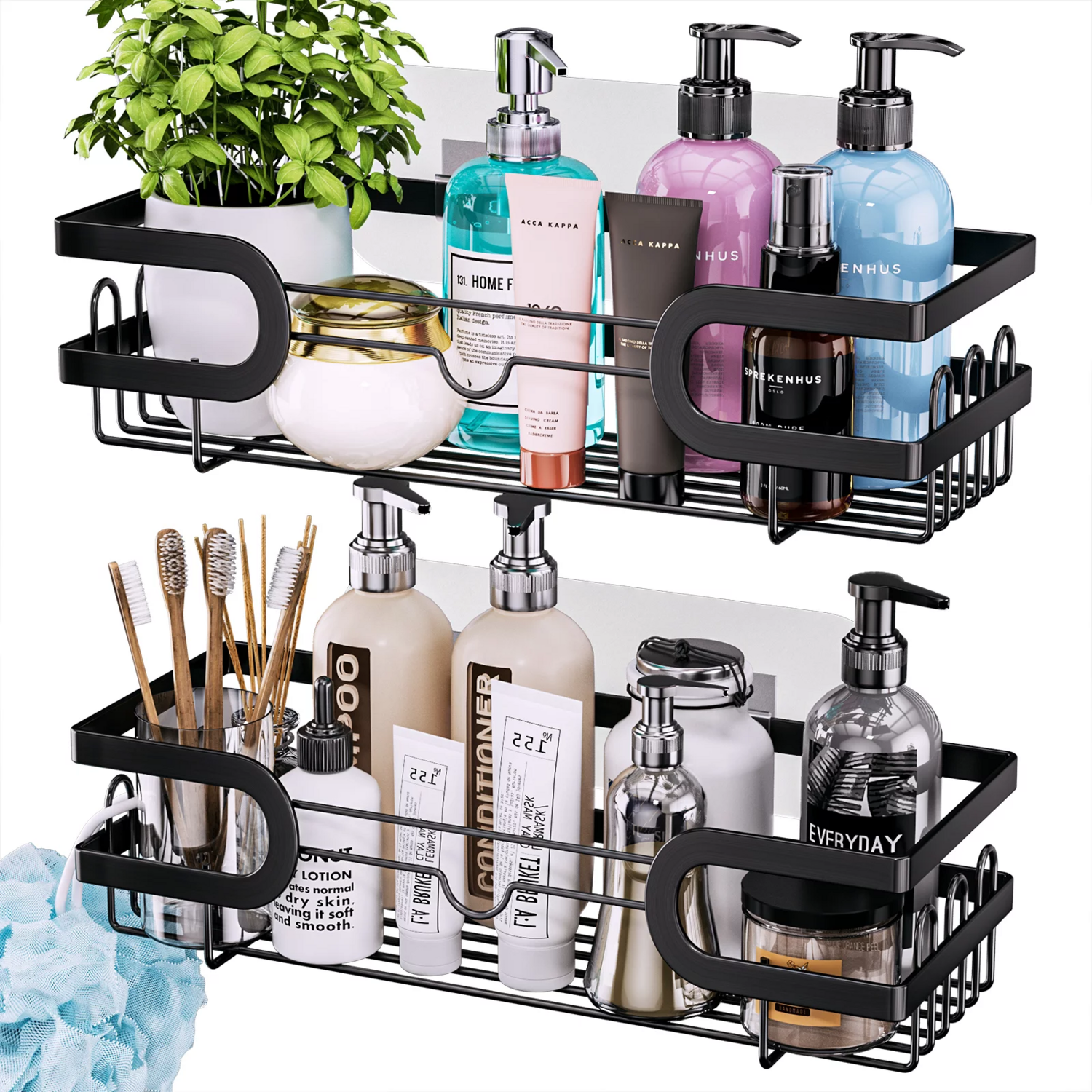 HapiRm Shower Caddy Organizer with 12 Hooks, Bathroom Storage for Shampoo, Shower Shelf with 2 Razor Hangers, Shower Rack with 3 Strong Adhesives, No Drilling , Stainless Steel,Black