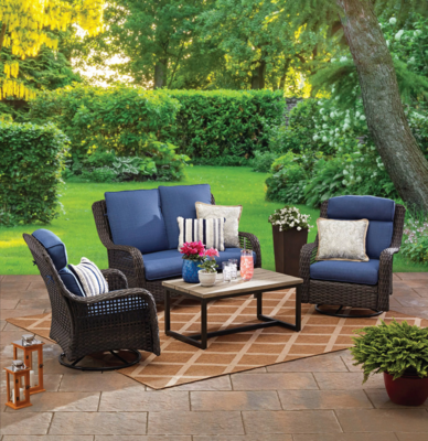 4-Piece Outdoor Wicker Swivel Chair Conversation Set, Blue Outdoor Patio Furniture