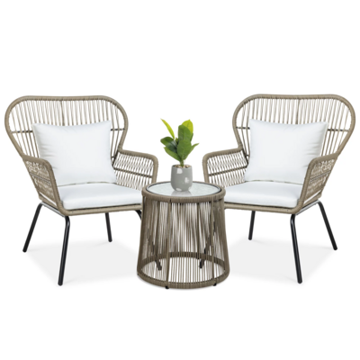 3-Piece Patio Conversation Bistro Set, Outdoor Wicker w/ 2 Chairs, Cushions, Side Table - Tan